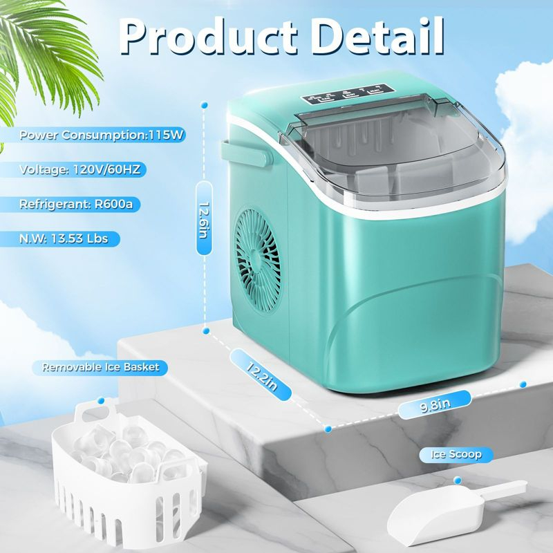 R.W.FLAME Ice Makers Countertop with Handle,26.5Lbs/24H,9 Cubes in 6 Mins,2 Sizes of Bullet Ice,Portable Ice Maker Machine with Self-Cleaning, green