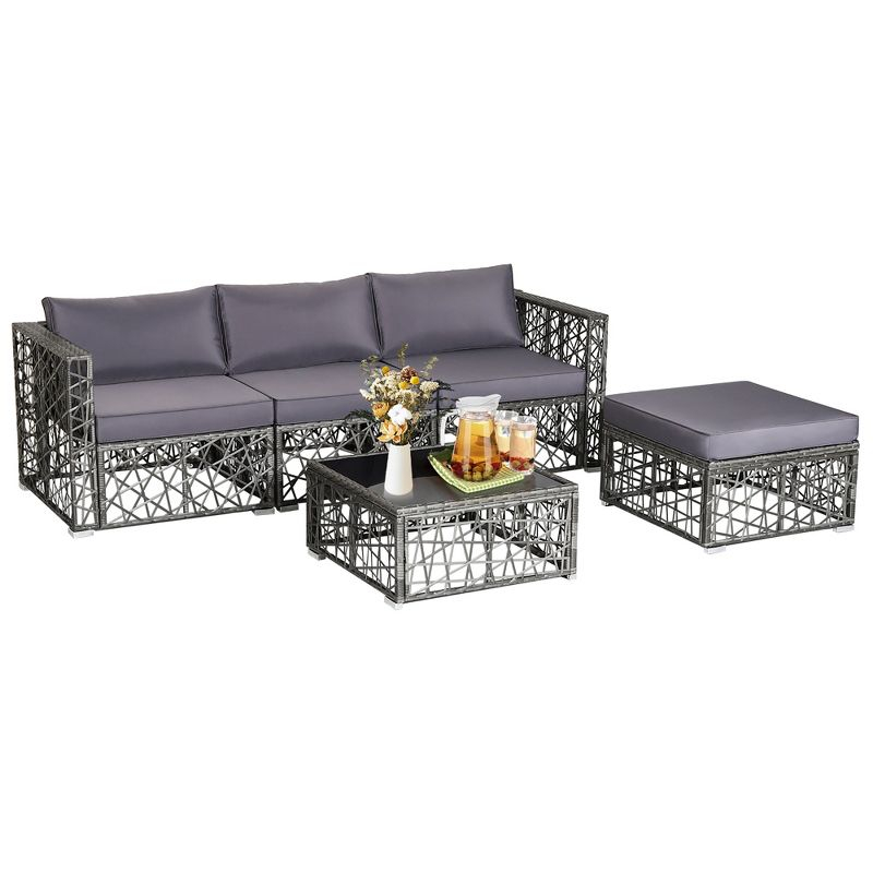Costway 5 Pieces Patio PE Rattan Wicker Sofa Furniture Set Cushioned  Outdoor Grey