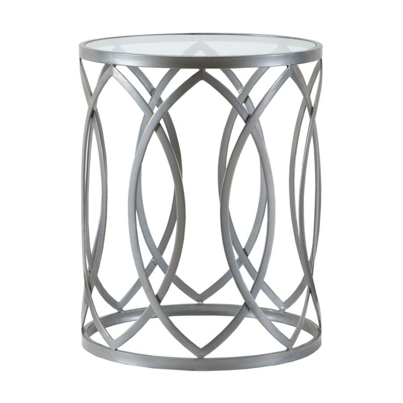 Gaige Metal Eyelet Accent Table - Pewter: Modern Round End, Tempered Glass Top, No Assembly Required
