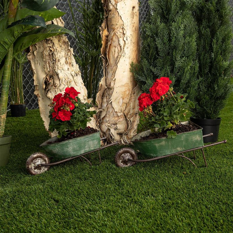2pk Rustic Iron Wheelbarrow Garden Novelty Planter Green - Alpine Corporation