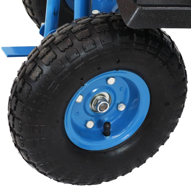 Sunnydaze Outdoor Heavy-Duty Steel Rolling Gardening Cart with Extendable Steer Handle, Swivel Chair, Tool Tray, and Basket - Blue