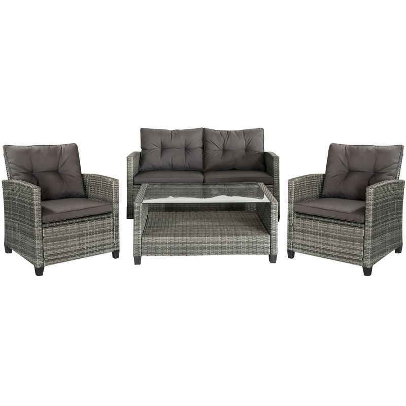 Outsunnny 4 Piece Patio Furniture Set, Outdoor Wicker Loveseat Sofa & Chairs, with 2-Tier Coffee Table & Tufted Cushions, Carbonized