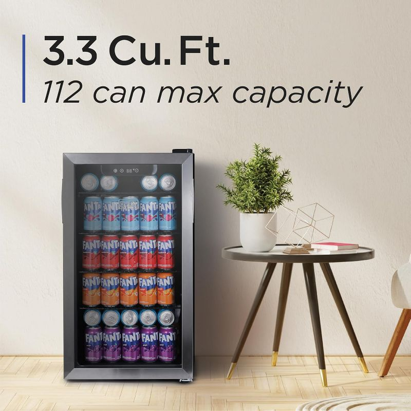 BLACK+DECKER 3.3 Cu. Ft. Beverage Cooler, Beverage Fridge with Double Pane Glass Door, Refrigerator for Drinks with 112-Can Capacity, LED Display