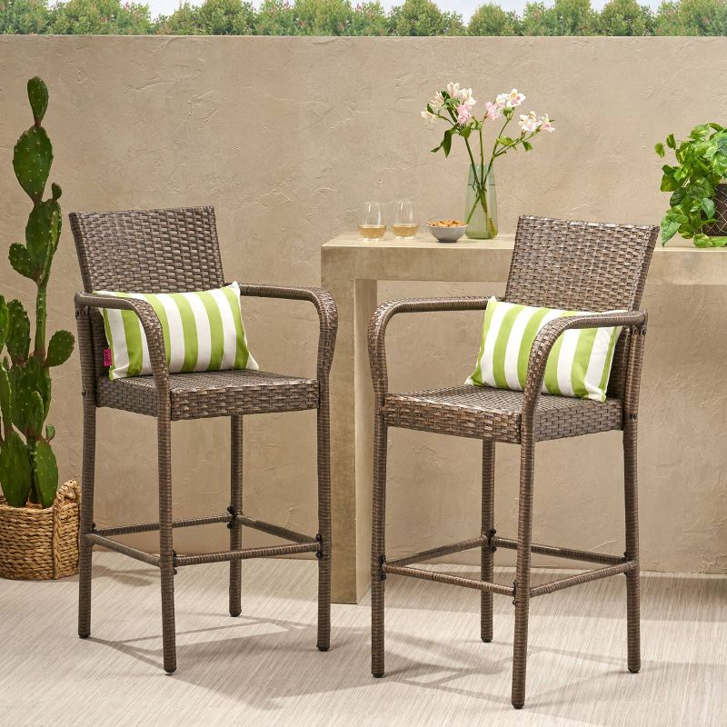 Delfina 2pk Wicker Barstool - Mix Mocha - Christopher Knight Home: UV & Weather-Resistant, Powder-Coated Frame