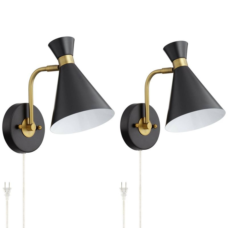 360 Lighting Venice Mid Century Modern Wall Lamps Set of 2 Matte Black Brass Plug-in 6 1/4" Light Fixture Cone Shade for Bedroom Reading Living Room