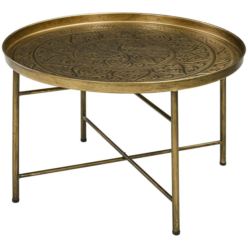 HOMCOM 24" Round Coffee Table with Hammered Tray Top, Vintage Metal Center Table for Living Room, Bedroom, Side Table, Gold