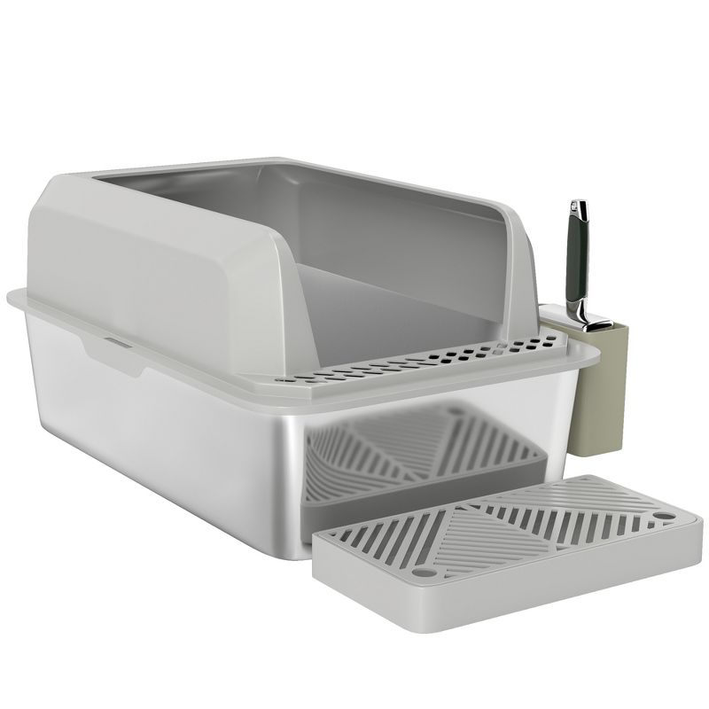PawHut Stainless Steel Litter Box, Metal Litter Box High Sided, Anti-Urine Leakage, Non-Sticky, with Metal Scoop & Scoop Holder, 24" x 16" x 11"