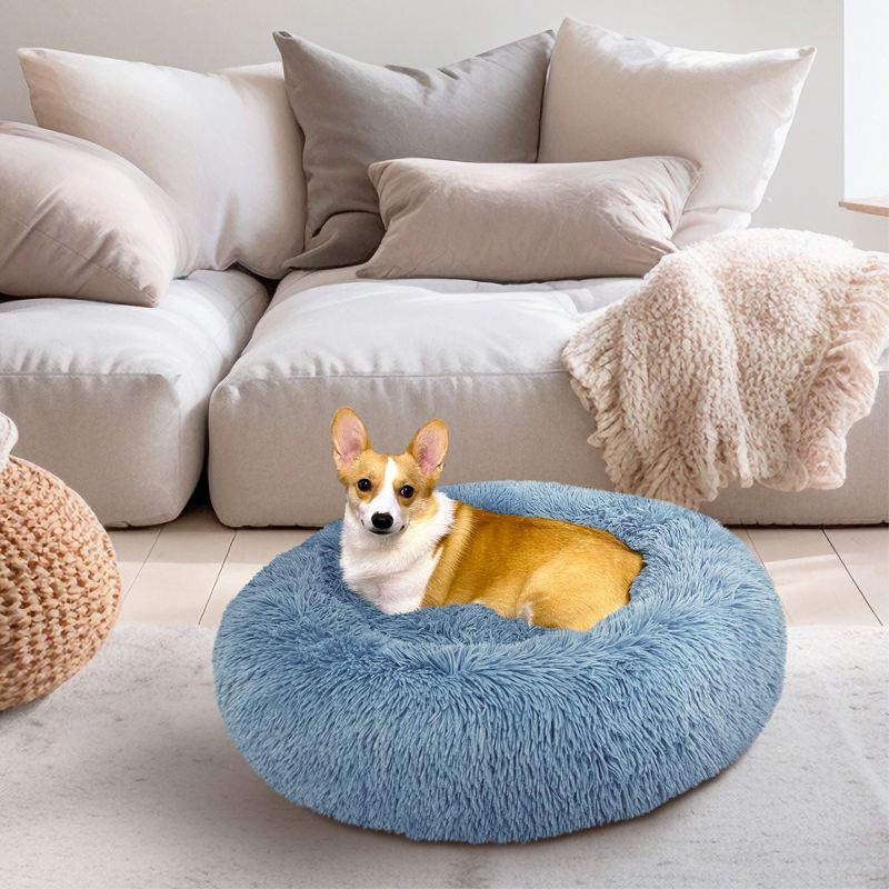 PetAmi Calming Dog Bed for Puppy Cat Kitten, Round Washable Pet Bed, Anti Anxiety Cuddler, Fluffy Plush Circular Donut Bed (Dusty Blue, Small - 23")
