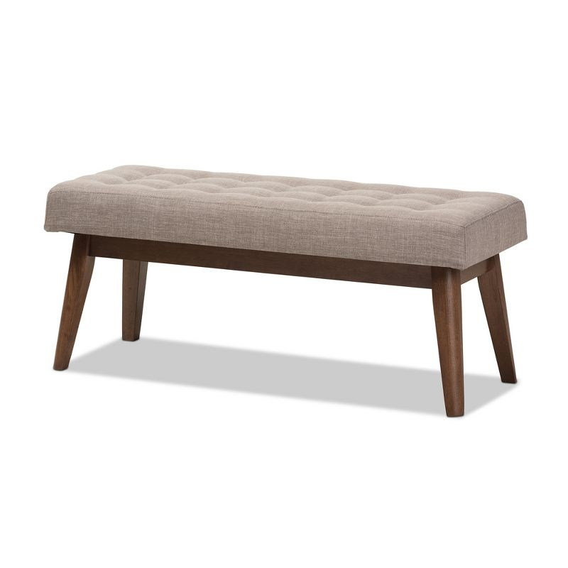 Elia Mid Century Modern Walnut Wood Fabric Button Tufted Bench Light Gray - Baxton Studio