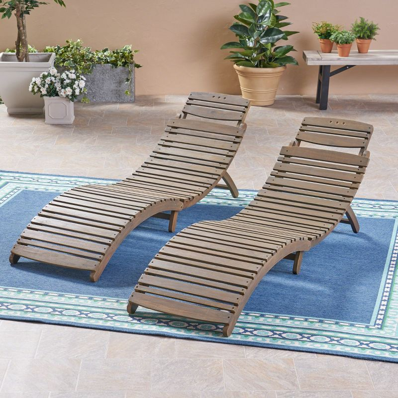 Christopher Knight Home Lisbon Outdoor Acacia Wood Folding Armless Chaise Lounge (Set of 2), Gray