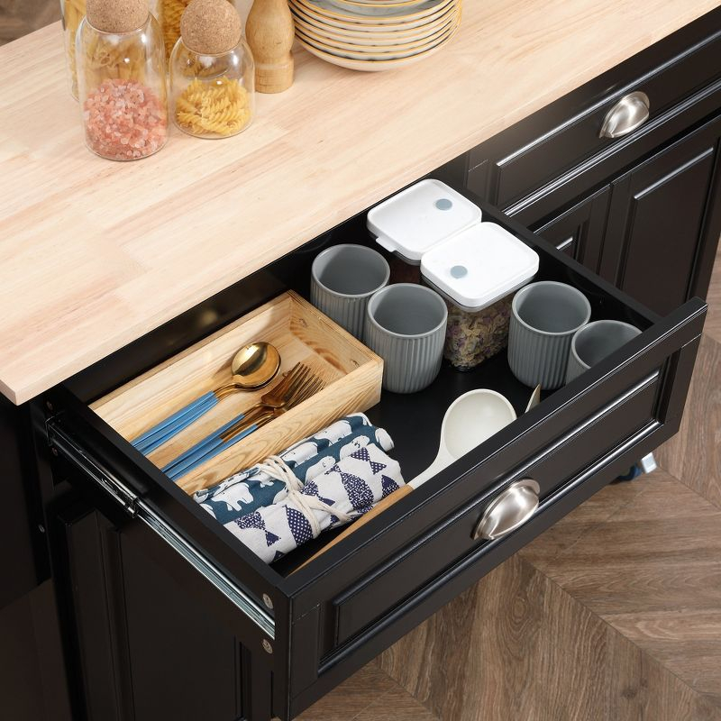 HOMCOM Rolling Kitchen Island Drop Leaf, Kitchen Cart on Wheels, Solid Wood Top Breakfast Nook with Storage Drawers, Cabinets and Spice Rack, Black