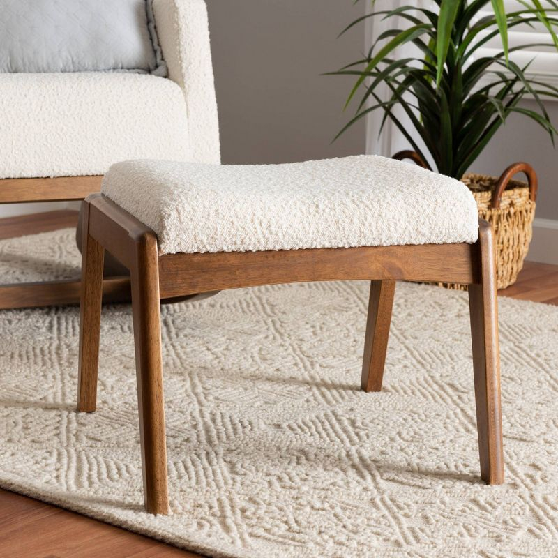 Roxy Boucle Upholstered and Wood Ottoman Footstool Off White/Walnut Brown - Baxton Studio: Mid-Century, Foam Padded, Retro Style