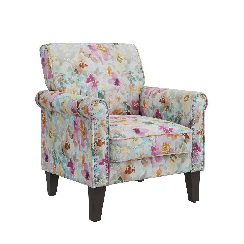 Handy Living Janet Traditional Rolled Arm Accent Chair with Pewter Nailheads Floral Pattern Pink