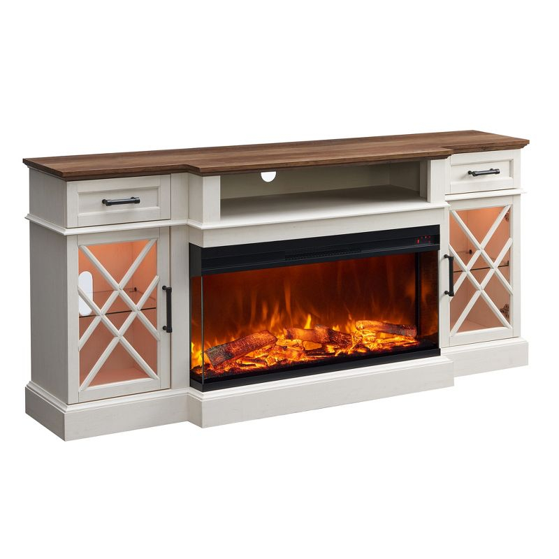 OKD 70" Farmhouse TV Stand w/Electric Fireplace & Glass Door Storage Cabinet, Antique White