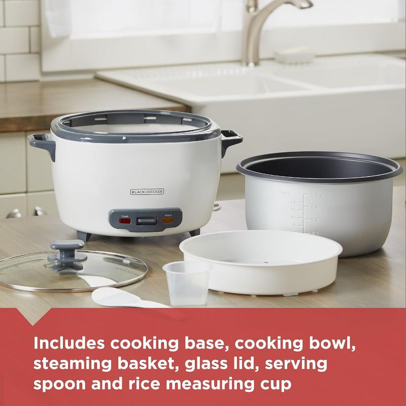 BLACK+DECKER 6-Cup Rice Cooker, RC506, 3-cup Uncooked Rice, Steaming Basket, Removable Non-Stick Bowl, One Touch