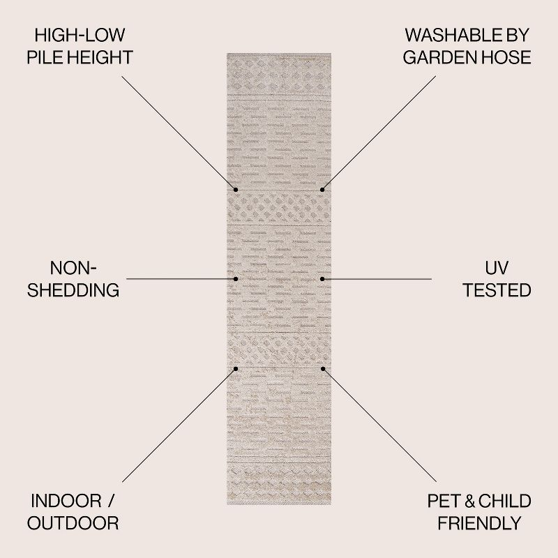 2'x8' Xlendi High-Low Pile Moroccan Geometric Indoor/Outdoor Runner Rug, Beige - JONATHAN Y