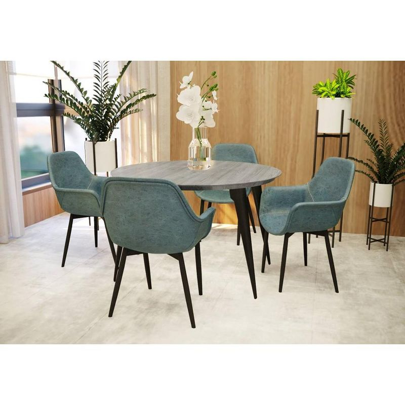 LeisureMod Markley Leather Dining Arm Chair With Metal Legs Set of 4 in Peacock Blue