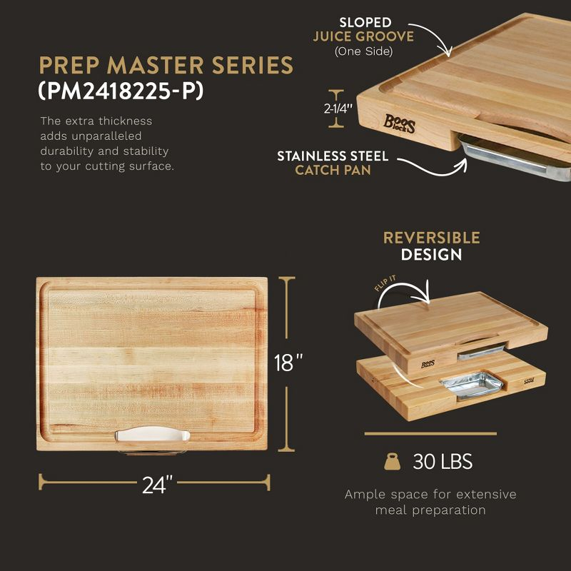 John Boos Boos Block Newton Prep Master Reversible Wood Cutting Board with Juice Groove and Pan, 2.25-Inch Thickness, 24" x 18" x 2 1/4", Maple