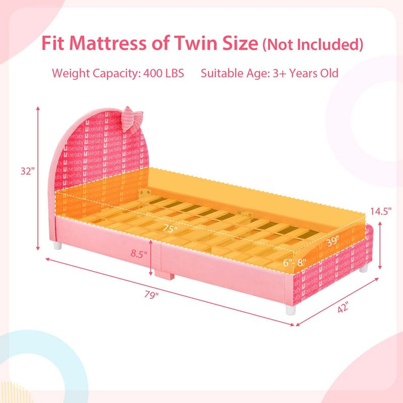 Honeyjoy Children Twin Size Upholstered Platform Single Bed with Headboard & Footboard Pink