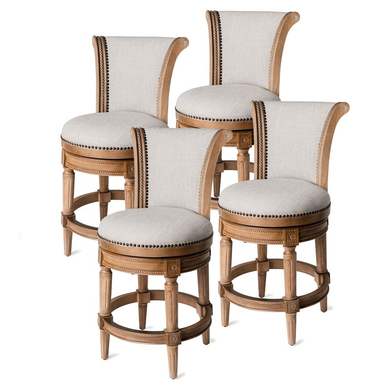 Maven Lane Pullman 26 Inch Tall Counter Height Upholstered Barstool with Back in Weathered Oak Finish with Sand Color Fabric Cushion Seat, Set of 4
