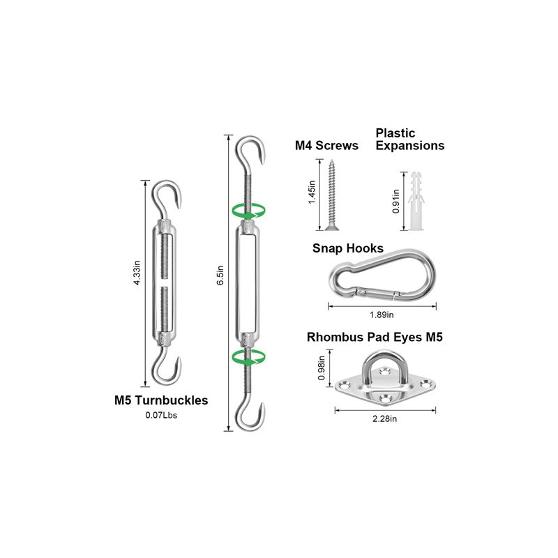 LakeForest"Stainless Steel Sun Shade Sail Hardware Kit for Easy Installation of Rectangular & Square Sails"Silver