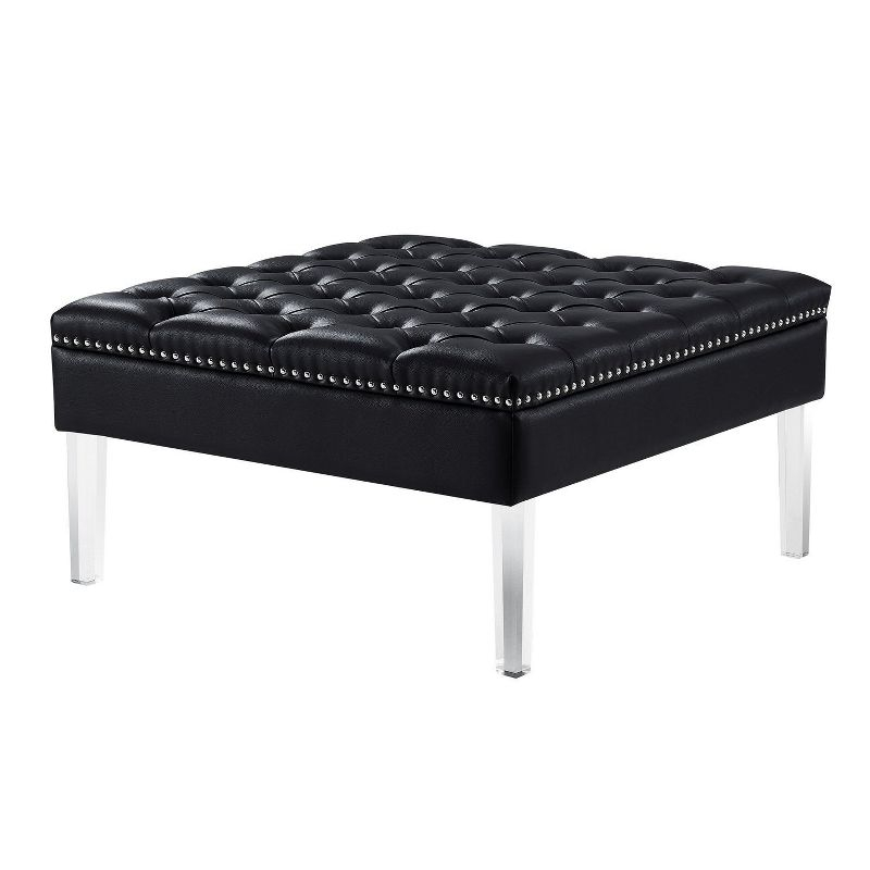 Inspired Home Coco PU Leather Oversized Button Tufted with Silver Nailhead Trim Clear Acrylic Leg Cocktail Ottoman, Espresso