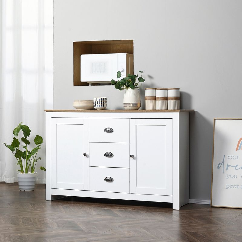 HOMCOM Kitchen Sideboard with Adjustable Shelves, Dining Buffet Cabinet with 3 Storage Drawers, White