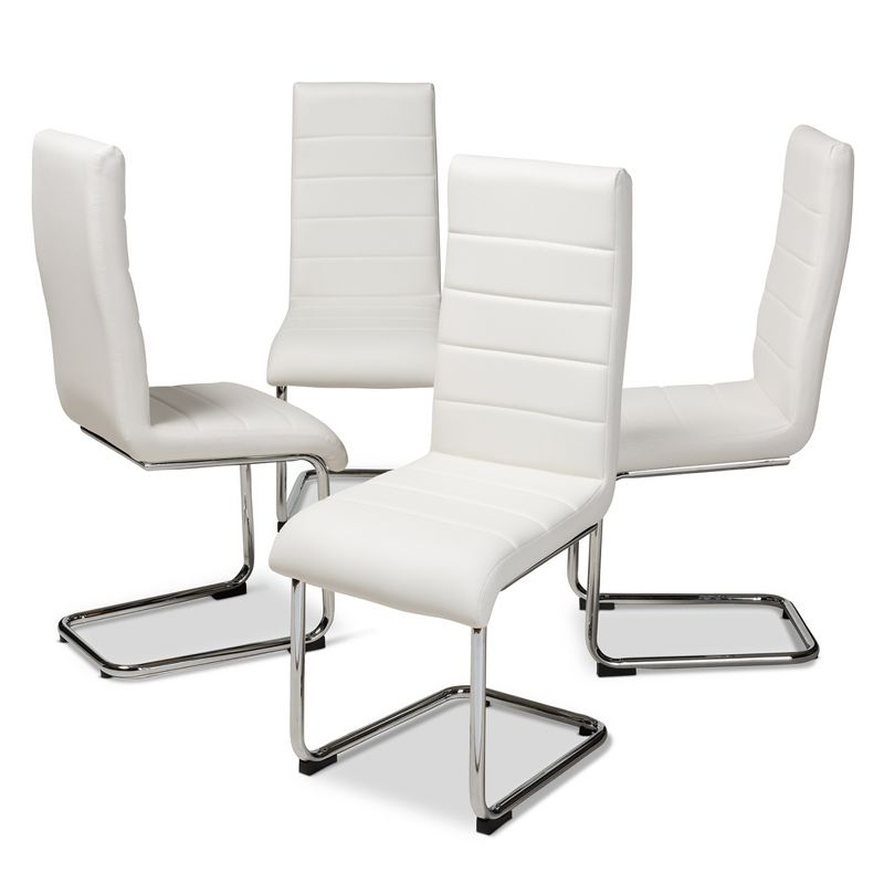 Baxton Studio Set of 4 Marlys Modern and Contemporary Faux Leather Upholstered Dining Chairs White: Chrome-Finished Legs, Mid-Century Design