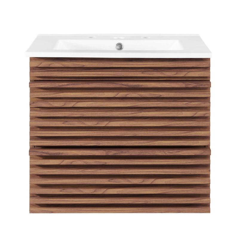 Modway Render 24" Wall-Mount Bathroom Vanity – Mid-Century Modern Floating Sink Cabinet in Walnut and White Finish
