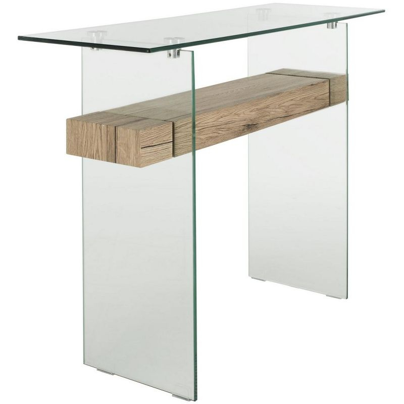 Kayley Rectangular Modern Glass Console Table - Glass/Natural Wood Shelf - Safavieh