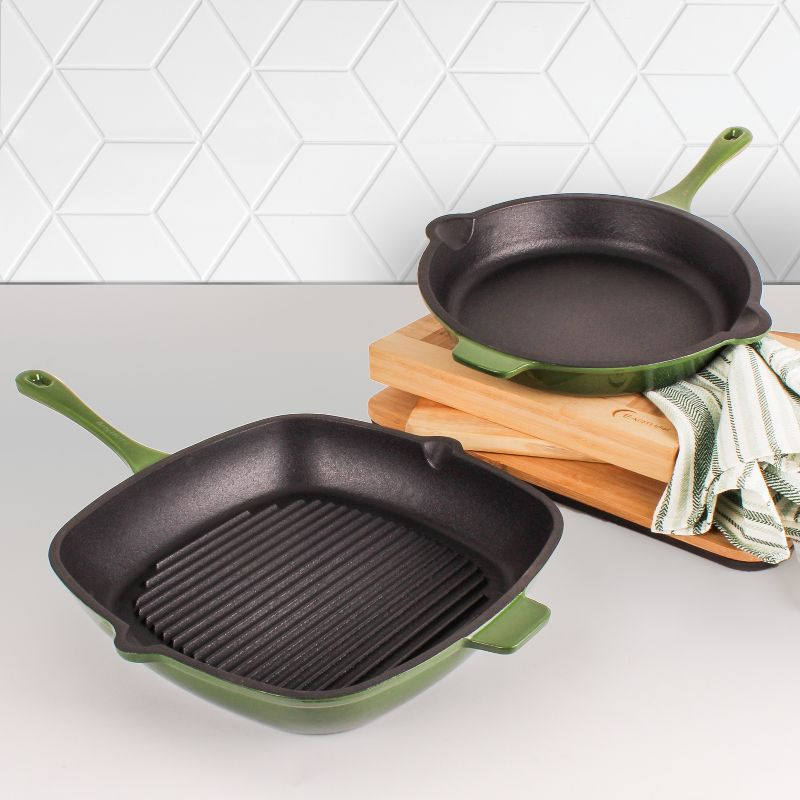 BergHOFF Neo 2Pc Cast Iron Cookware Set, 11" Grill Pan & 10" Fry Pan, Green