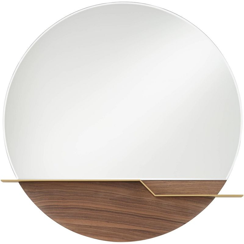 Possini Euro Design Loft Round Vanity Wall Mirror with Gold Shelf Modern Beveled Glass Brown Wood Frame 31 1/2" Wide for Bathroom