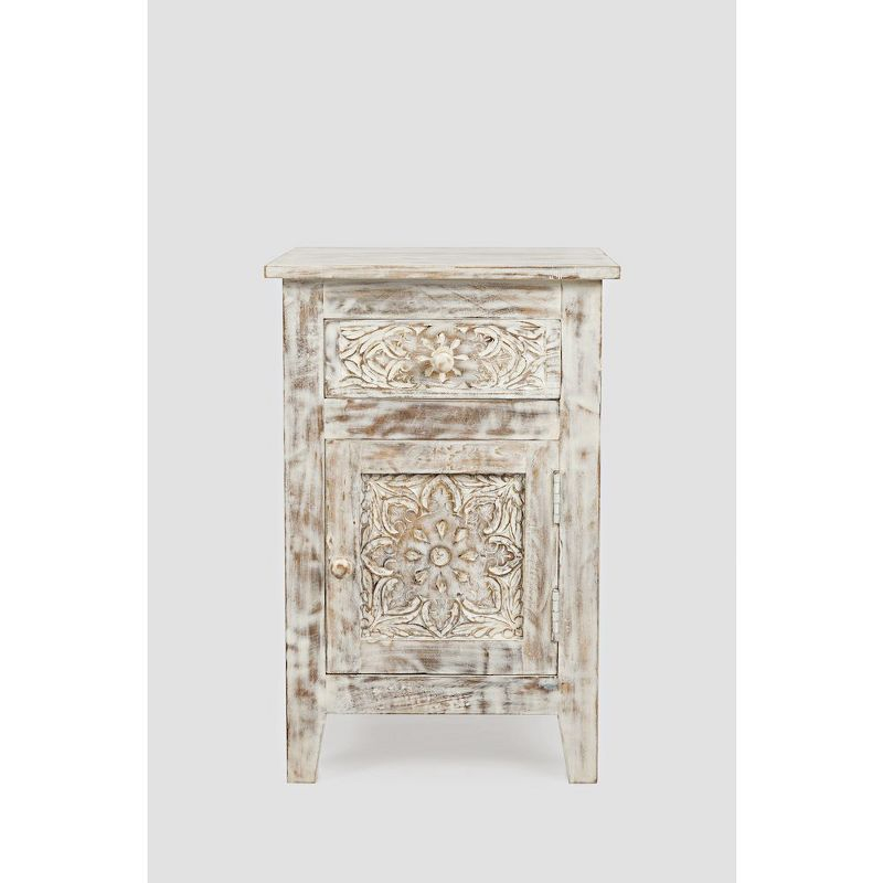Jofran,Global Archive Hand Carved Mango Wood Accent Table- White Color