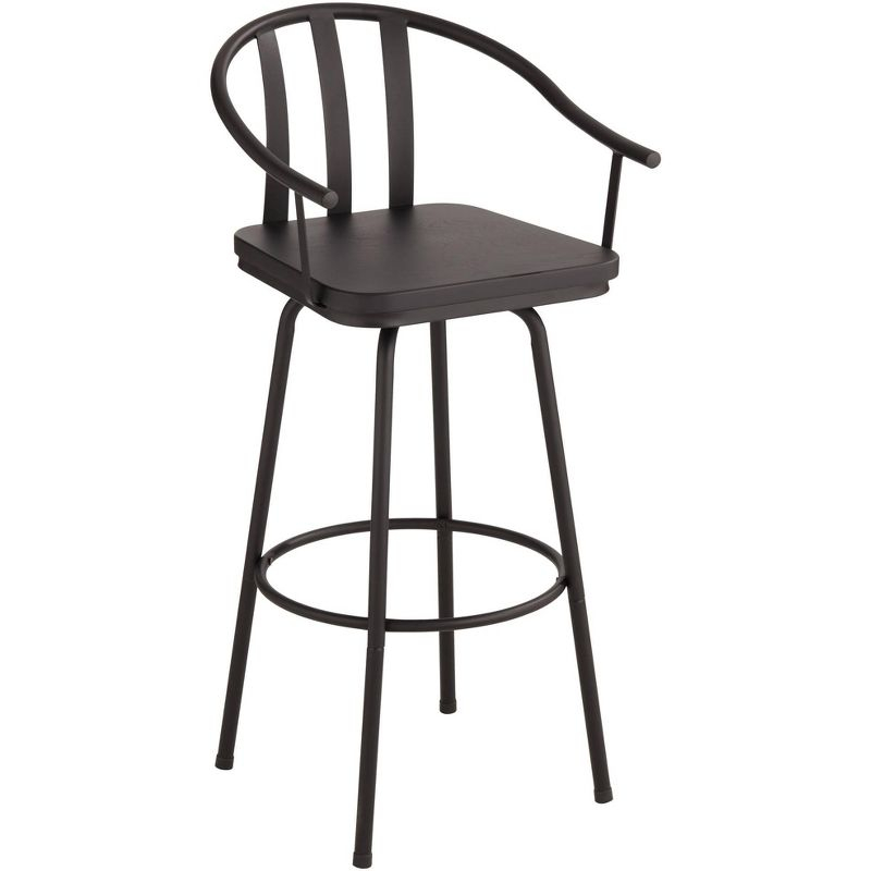 Elm Lane Lael Black Swivel Bar Stool 25 3/8" High Modern Industrial Wood Seat Curved Arm with Backrest Footrest for Kitchen Counter Height Island Home
