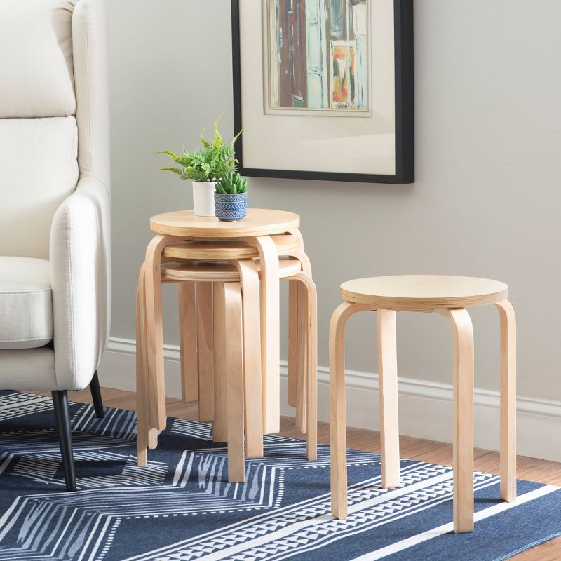 Set of 4 Bentwood Stacking Stools Light Brown - Linon: Rubberwood Frame, No Assembly, Traditional Style