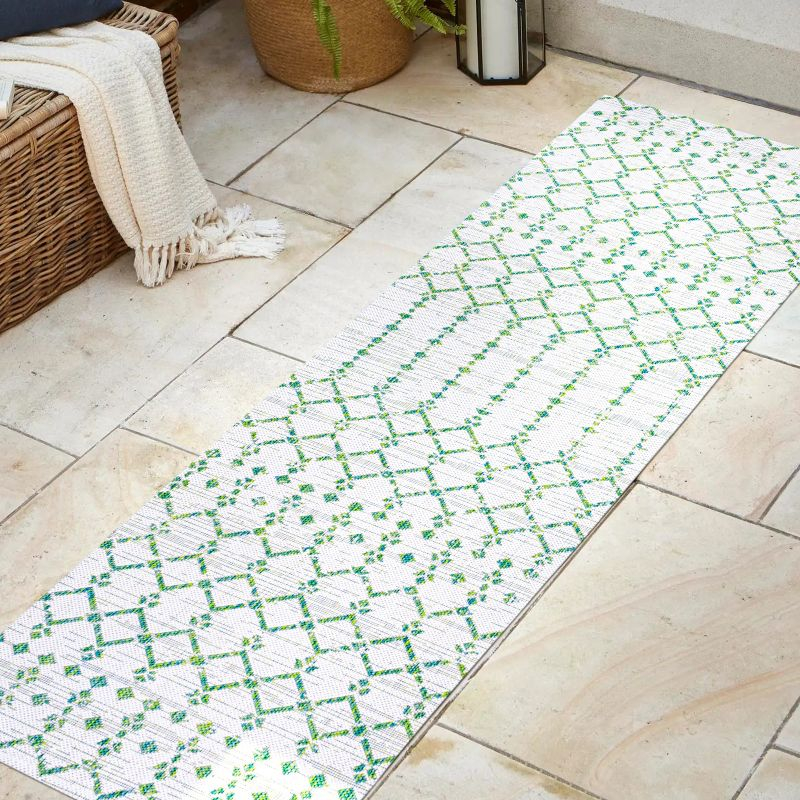 2' x 10' Ourika Moroccan Geometric Textured Weave Indoor/Outdoor Runner Rug, Green/Ivory - JONATHAN Y