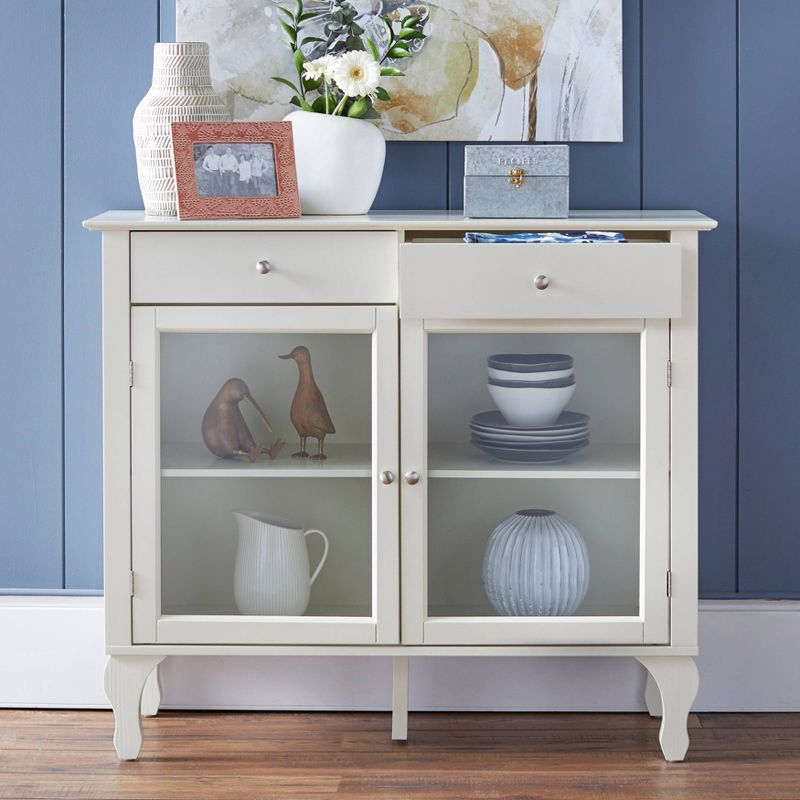 Layla Buffet Antiqued White - Buylateral: Queen Ann Legs, Glass Doors, Adjustable Shelves