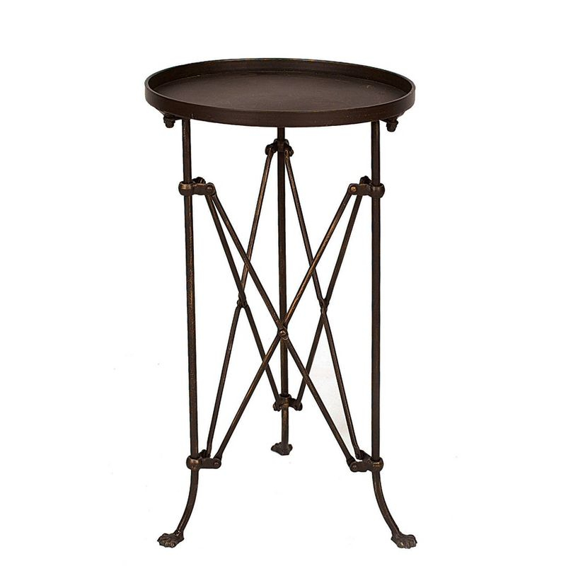Storied Home Metal Tray Table Bronze: Round Pine Top, 25.5" High, Assembly Required