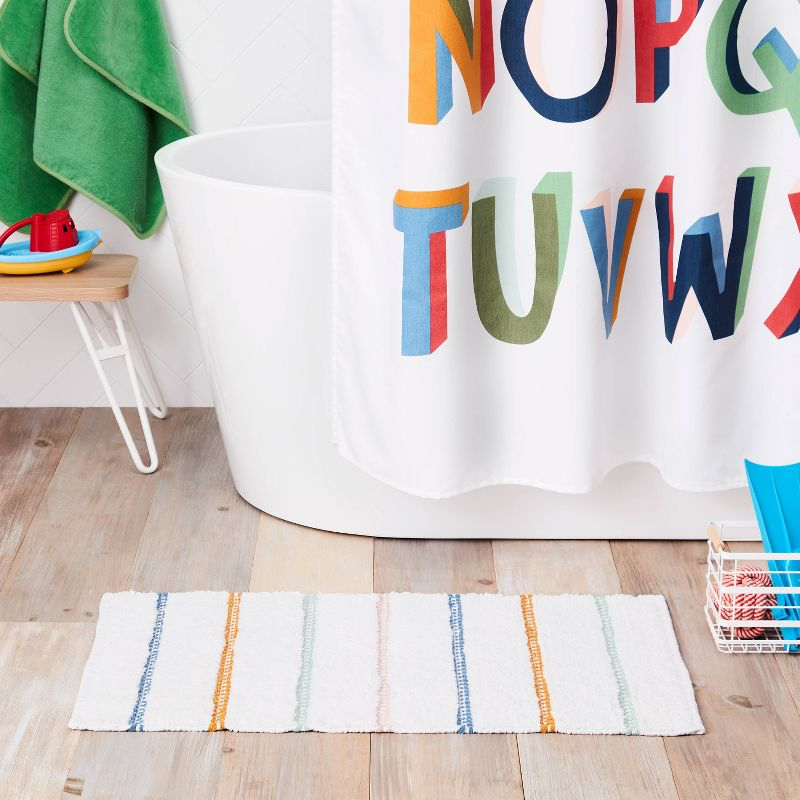 Striped Kids' Bath Rug White/Blue - Pillowfort™: Cotton Woven Bath Mat, Kids Bathroom Decor, 1'8"x2'10"