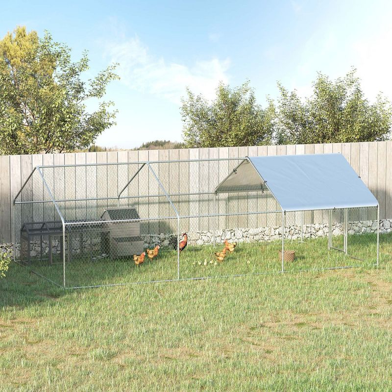 PawHut Galvanized Large Metal Chicken Coop Cage, 3 Room Walk-in Enclosure, Poultry Hen House with UV & Water Resistant Cover, 10' x 19.7' x 6.4'
