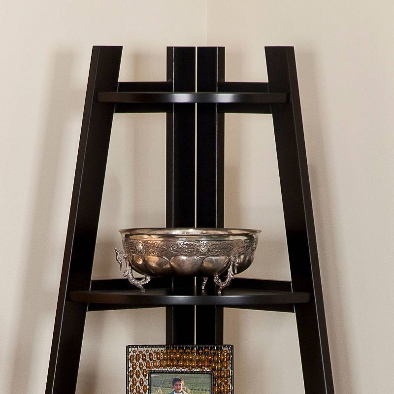 Danya B. 63" x 26.5" Five-Tier Pyramid Corner Ladder Shelf Brown: MDF Wood, Open Back Design, Fixed Shelves