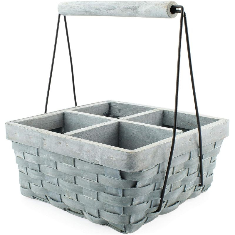 AuldHome Design Gray Wood Basket Caddy, 4-Compartment Carry-All Divided Organizer