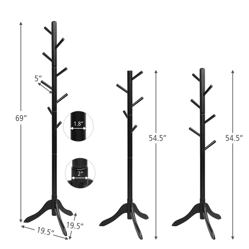 Costway Wooden Coat Rack Stand Entryway Hall Tree 2 Adjustable Height with 8 Hooks Black