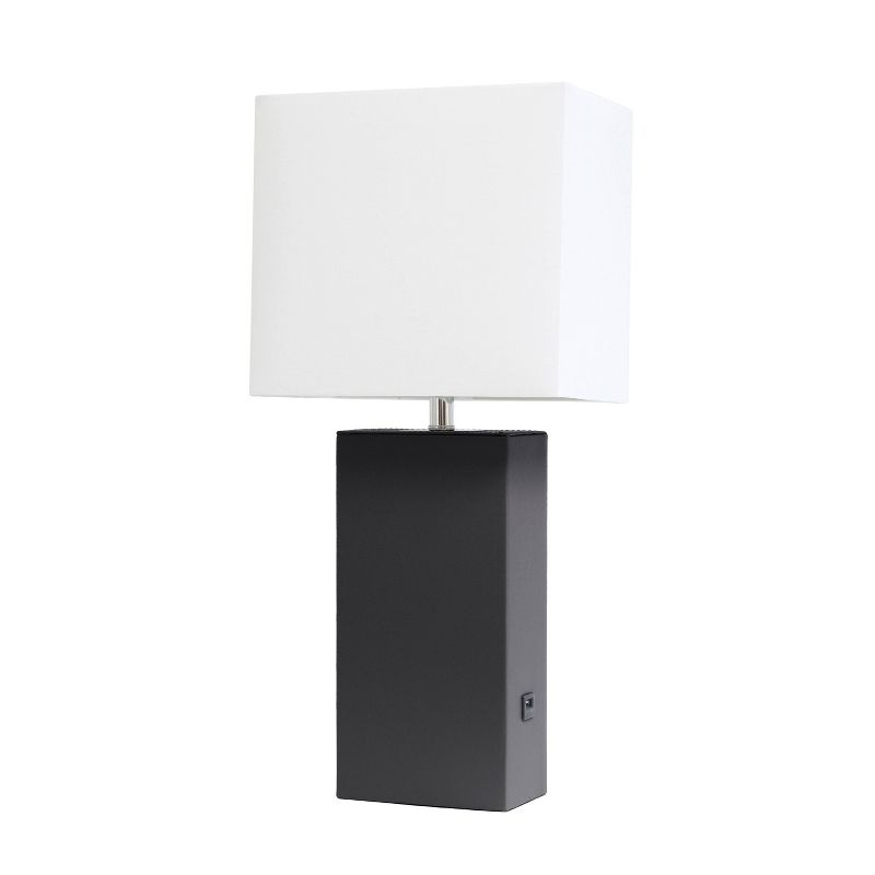 Lalia Home 21" Lexington Leather Base Modern Home Decor Bedside Table Lamp with USB Charging Port and Fabric Shade Black/White: UL Listed