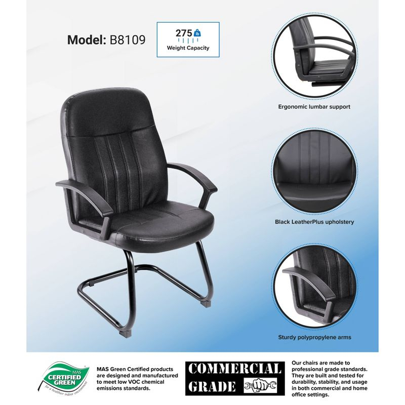 Executive Leather Budget Guest Chair Black - Boss Office Products: Metal Frame, Padded, Fixed Arms, Spot Clean