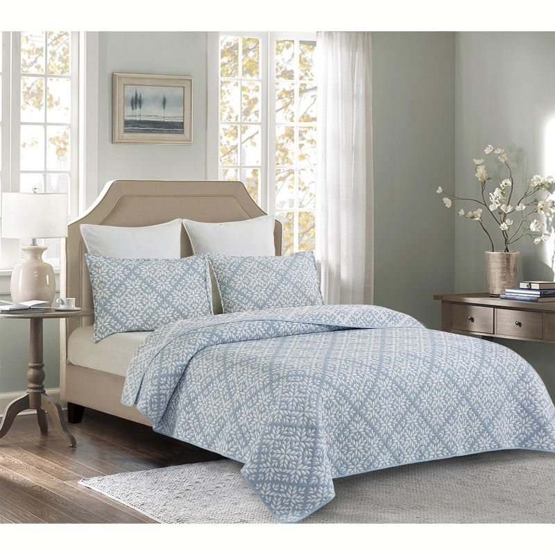 C&F Home Blue Leaves Jacquard Reversible Quilt Set