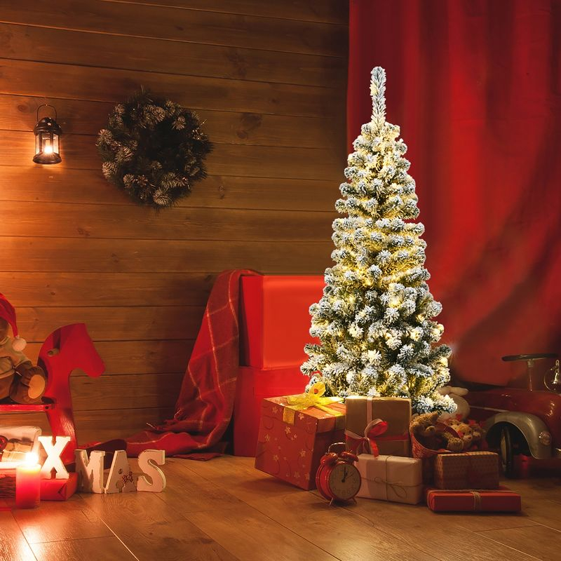 Costway 4.5Ft Pre-lit Snow Flocked Artificial Pencil Christmas Pine Tree with 150 LED Lights