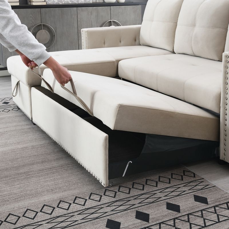 Velvet Sleeper Sofa Sectional Couch with Put Out Bed and Reversible Storage Chaise Beige - Morden Fort