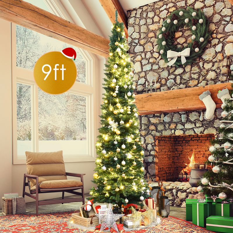Costway 9Ft PVC Artificial Pencil Christmas Tree Slim Stand Green