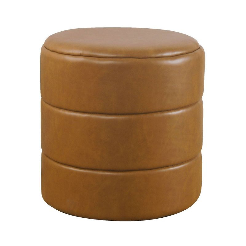 Round Upholstered Ottoman Caramel Faux Leather - HomePop: Channel Tufted, No Assembly Required